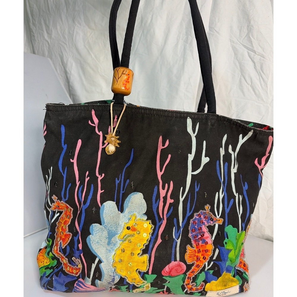 Vintage Paul Brent Coastal Life Seahorse Canvas Tote Bag Black Beaded Beach Bag